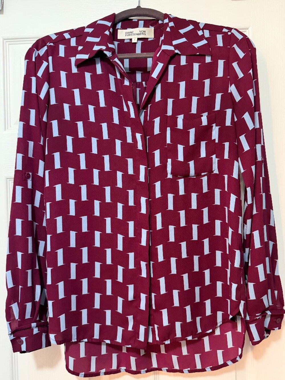 Diane von Ferstenberg Burgundy & Light Blue Geometric Pattern Blouse